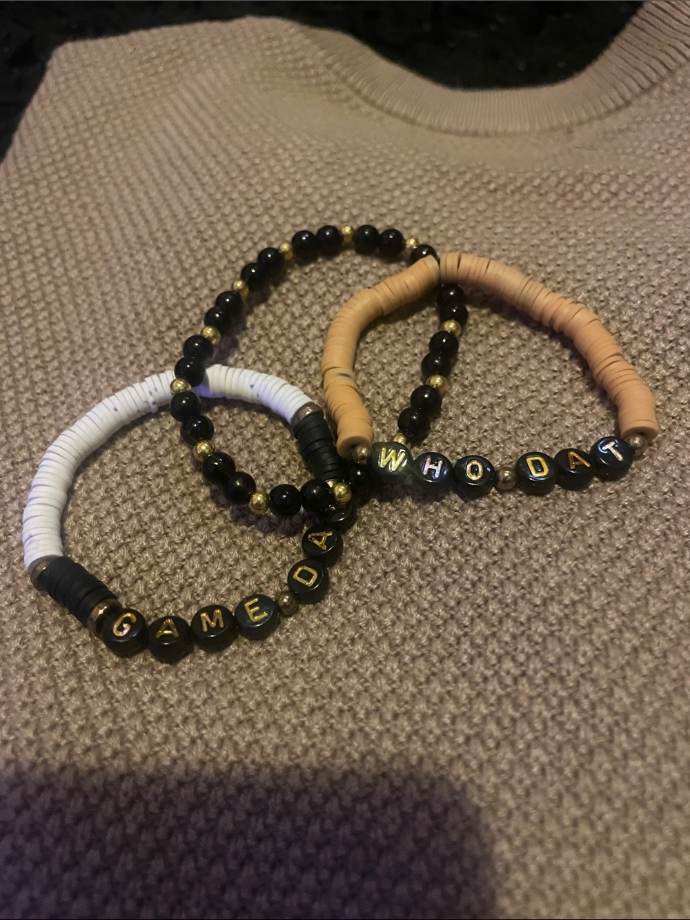 Game Day Stretch Beaded Bracelet Set - Black, White, Tan New Orleans Saints